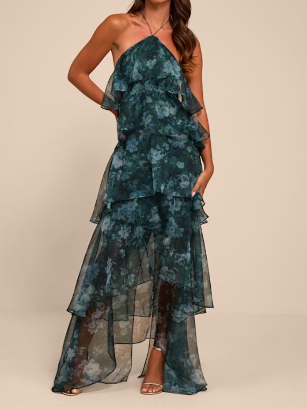 Lulus Melody Dark Green Floral Tiered Halter Maxi Dress - Size XL